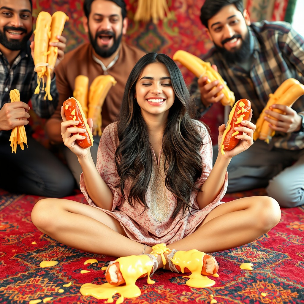 A hot Pakistani young woman, 18 years old, sitting criss cross on a vibrant, colorful rug, smiling with her eyes closed in a joyful expression