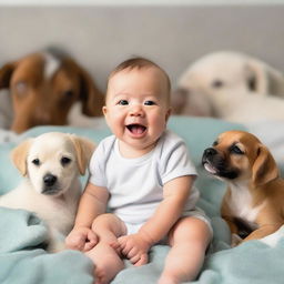 A joyful newborn baby boy surrounded by adorable, playful dogs in a cozy, friendly environment.