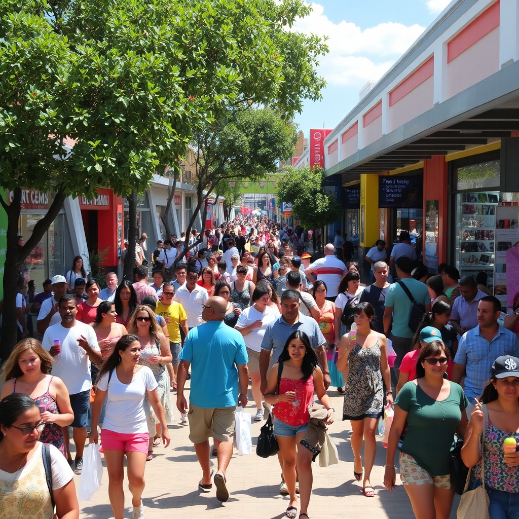 A bustling shopping arena in Pernambuco, filled with a large crowd of people walking along the sidewalks