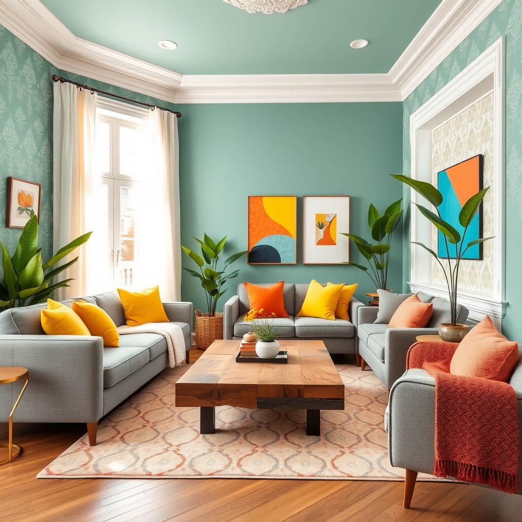 A beautifully decorated living room featuring a harmonious blend of warm colors