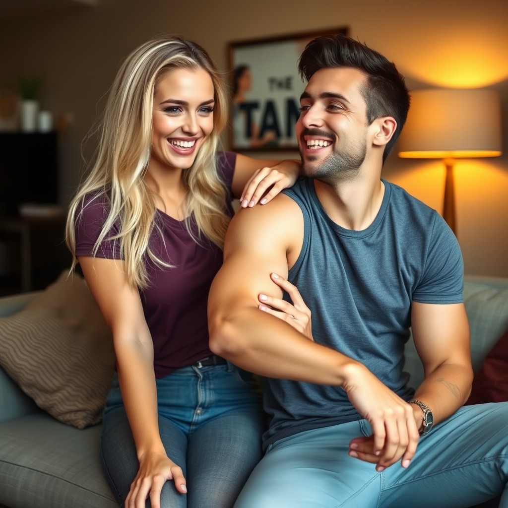 A beautiful blonde girl with striking blue eyes playfully tickling the armpit of a handsome guy