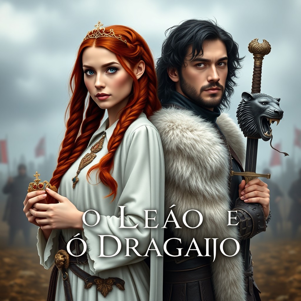 Book cover for "O LEÃO E O DRAGÃO" featuring two central characters: a 20-year-old princess with long, voluminous red hair styled in braids, wearing a simple tiara-crown symbolizing a dragon, intense blue eyes, and a serious, imposing expression
