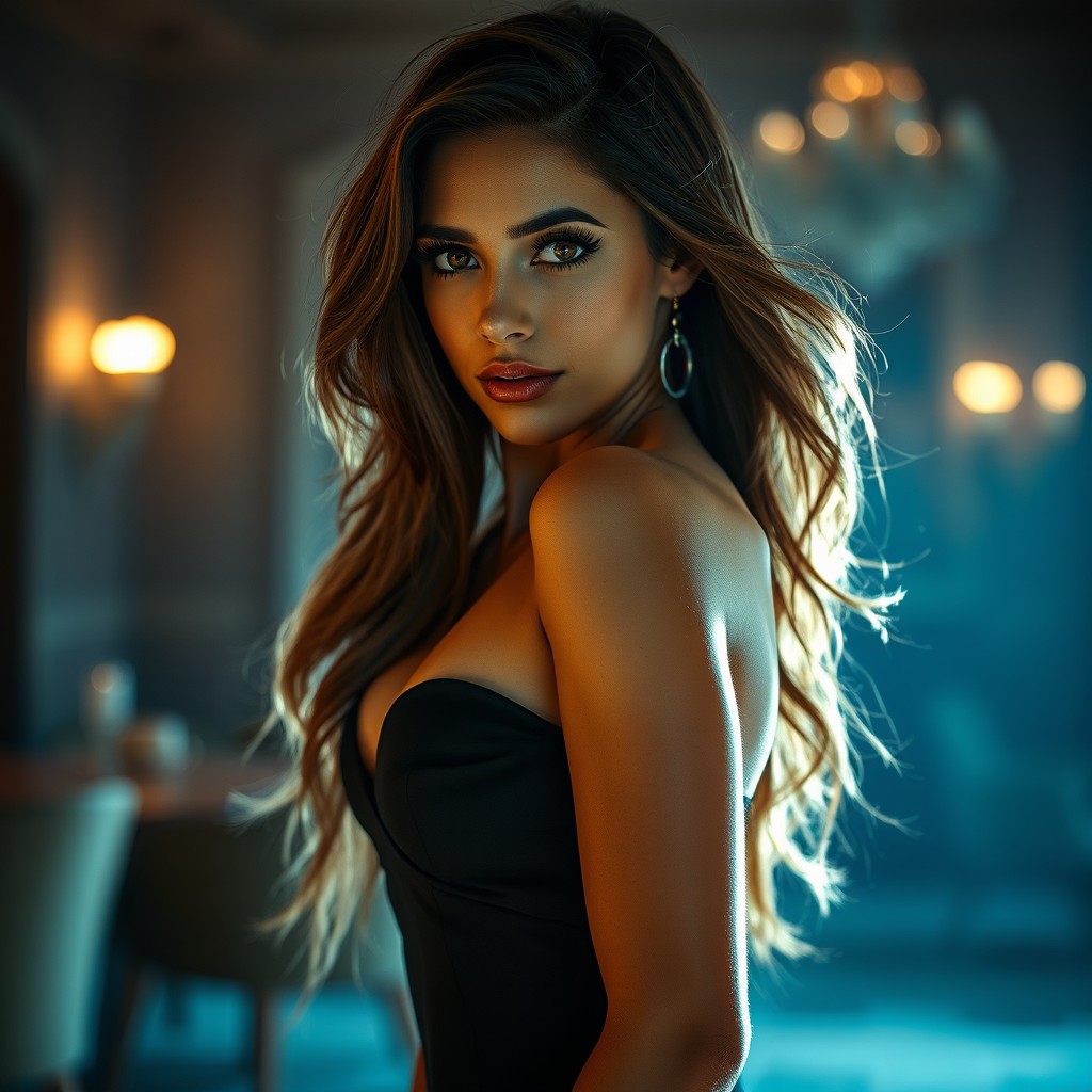 A sultry and attractive model posing confidently in a stylish and elegant setting