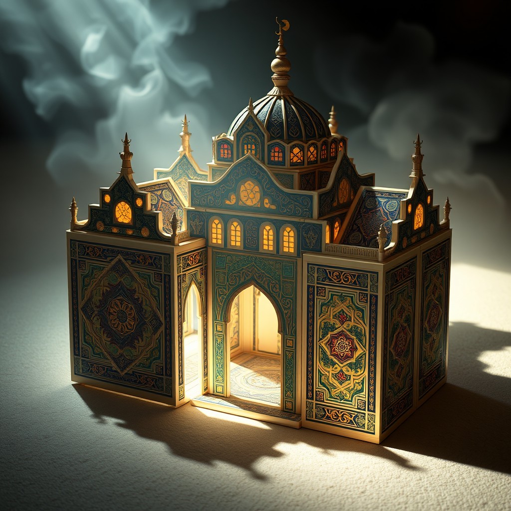 A strikingly intricate structure resembling a house of cards, elegantly constructed with ornate Islamic geometric patterns and calligraphy