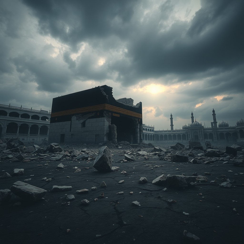A dramatic depiction of the Kaabah in ruins, showcasing crumbling stones and debris scattered around, with the sky overcast and moody