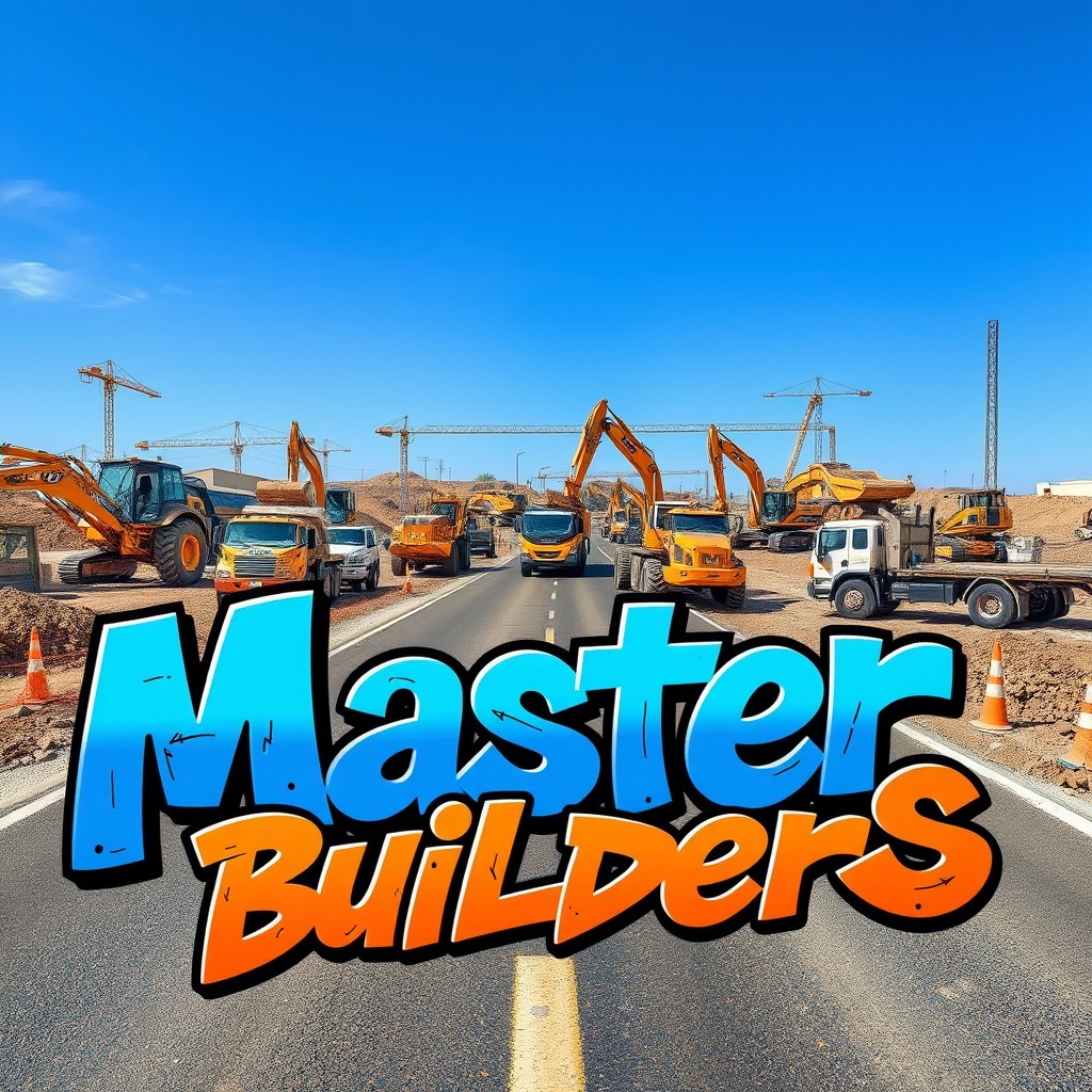 A dynamic scene showcasing a road construction site bustling with activity