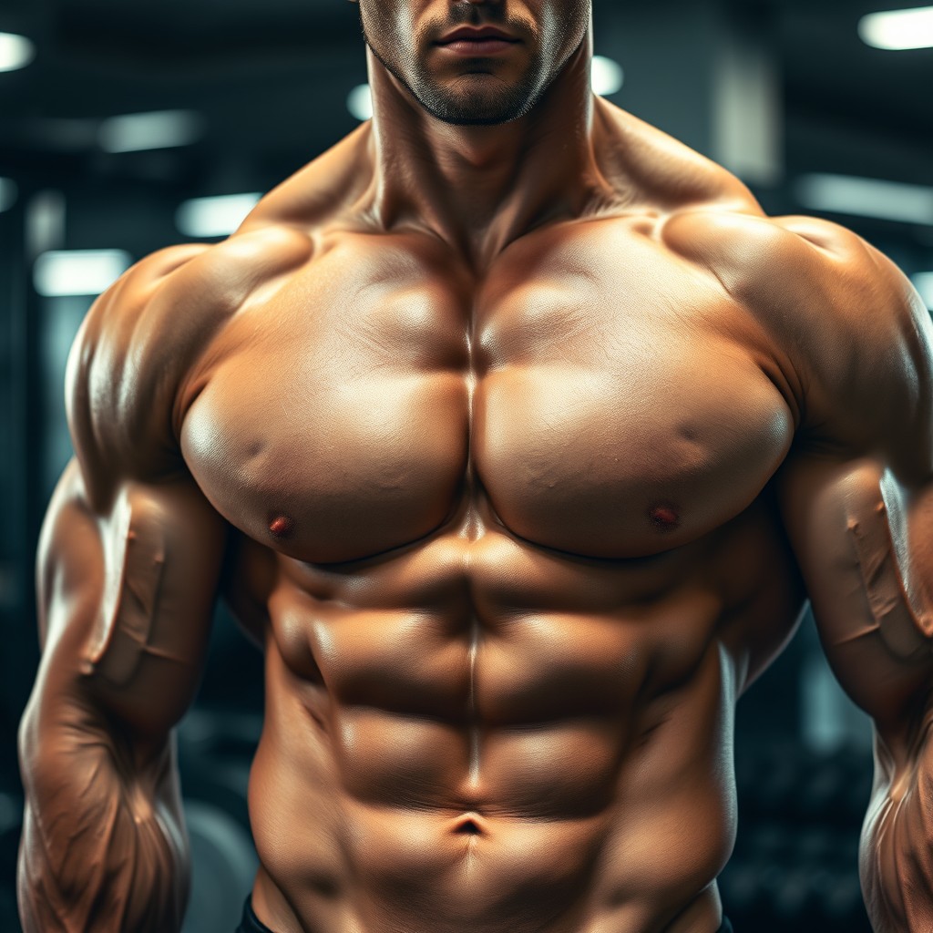 A detailed close-up of a muscular male torso showcasing an overdeveloped lower chest muscle, emphasizing the striations and definition of the pectoral muscles