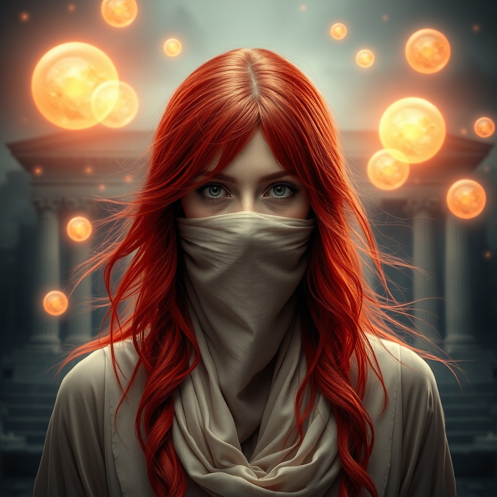 A mystical woman oracle with vibrant red hair, her face partially concealed by an elegant veil covering her mouth, set against a backdrop of an ancient temple with glowing orbs of light floating around her