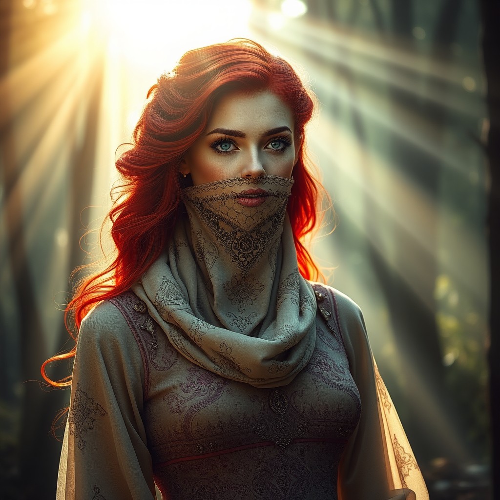 A beautiful woman oracle with striking red hair, elegantly styled, adorned with an intricate veil gracefully wrapped around her mouth