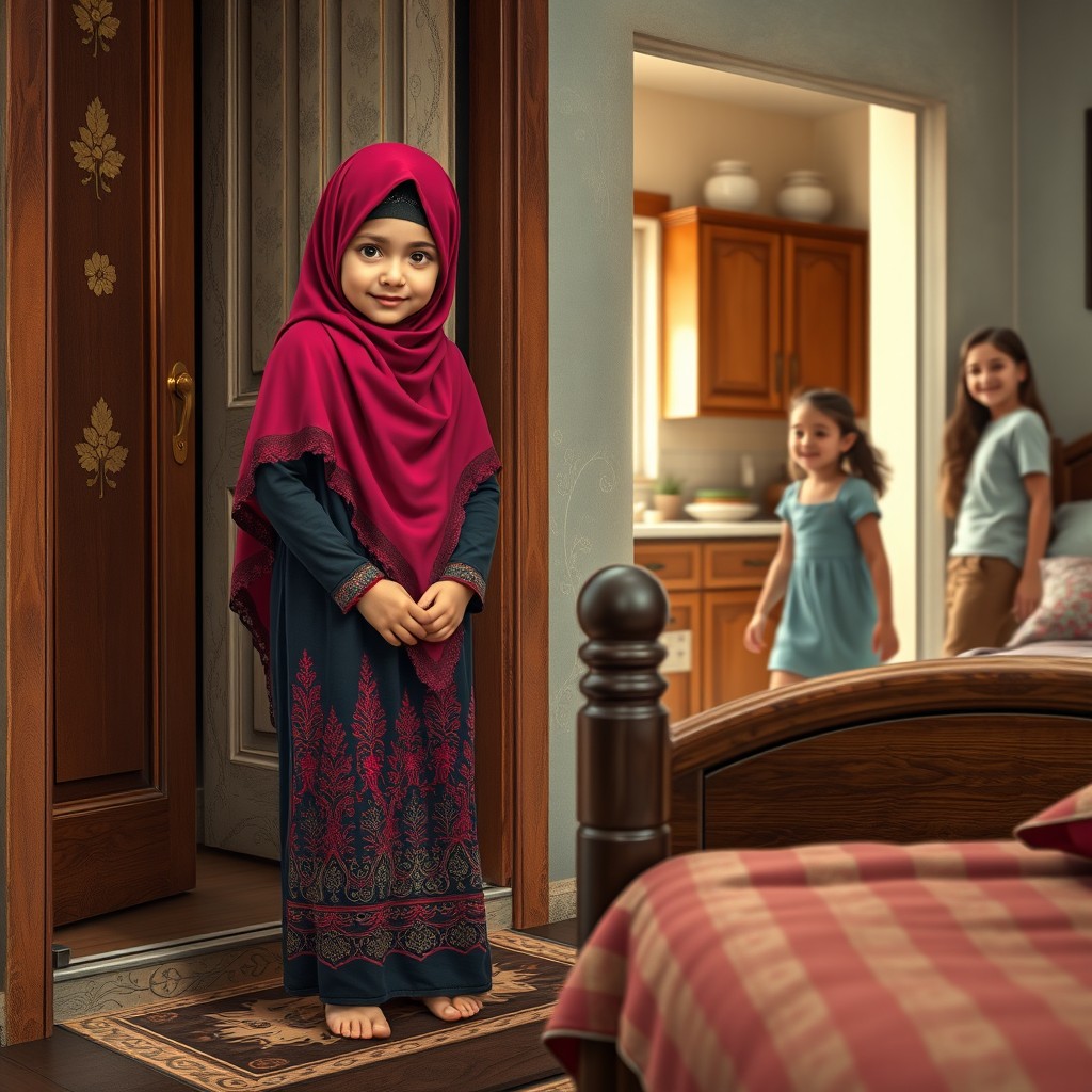 A realistic scene depicting a Muslim girl standing at a decorative door step, wearing a vibrant hijab and traditional attire, with a warm but slightly hesitant expression