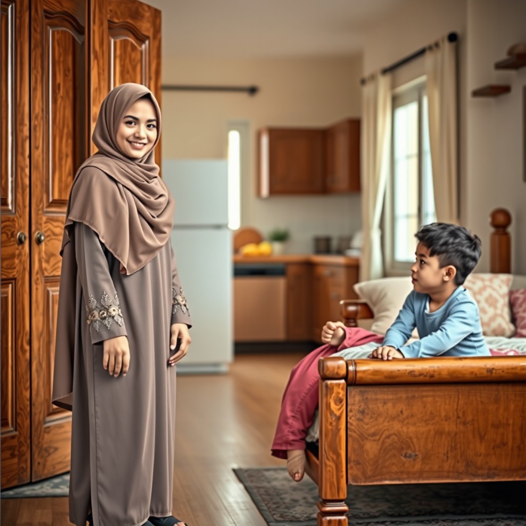 A realistic scene showing a Muslim adult girl standing at a beautifully crafted door step, wearing a stylish hijab and elegant attire, with a gentle smile on her face
