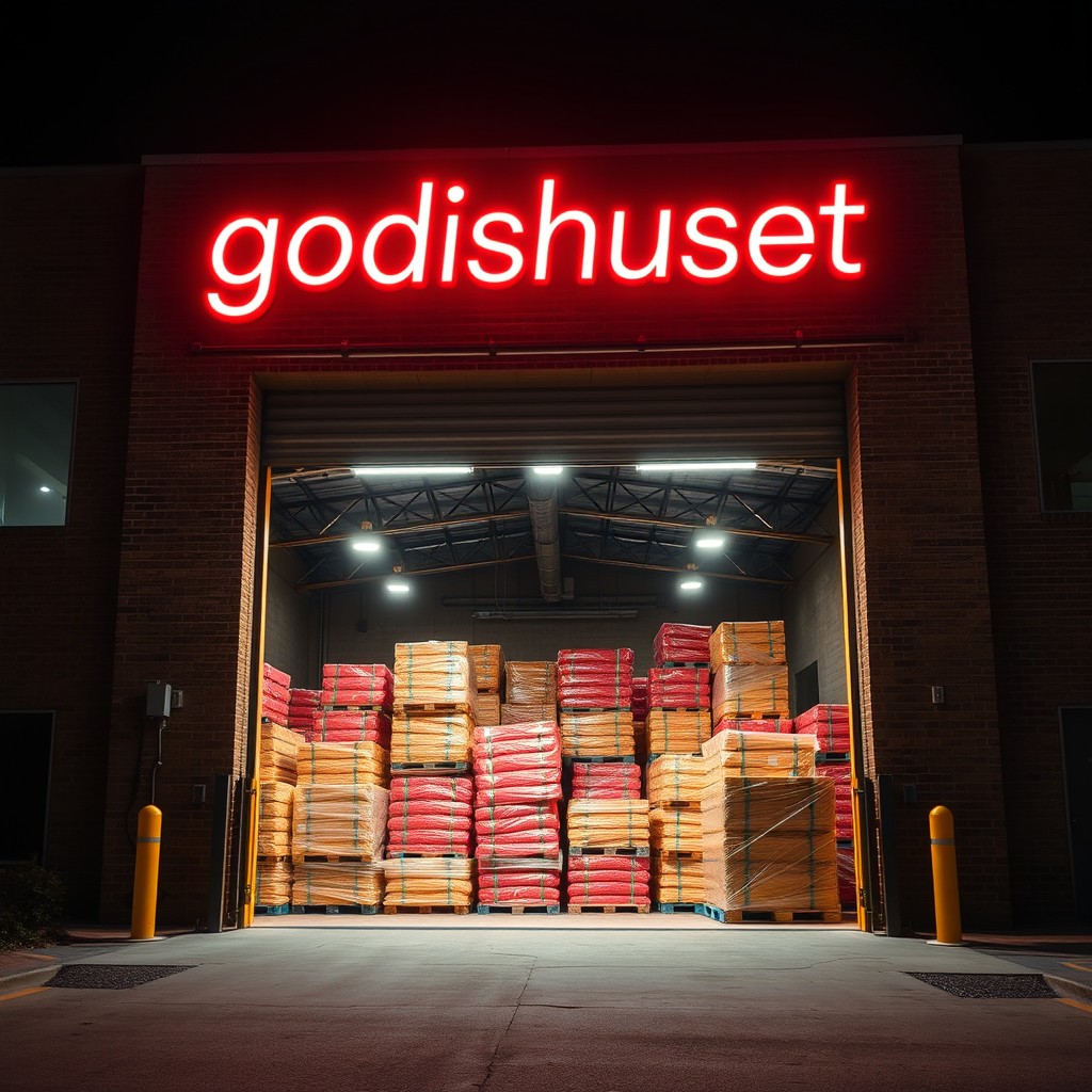 A large, detailed warehouse building featuring a neon sign that boldly displays the word "godishuset"