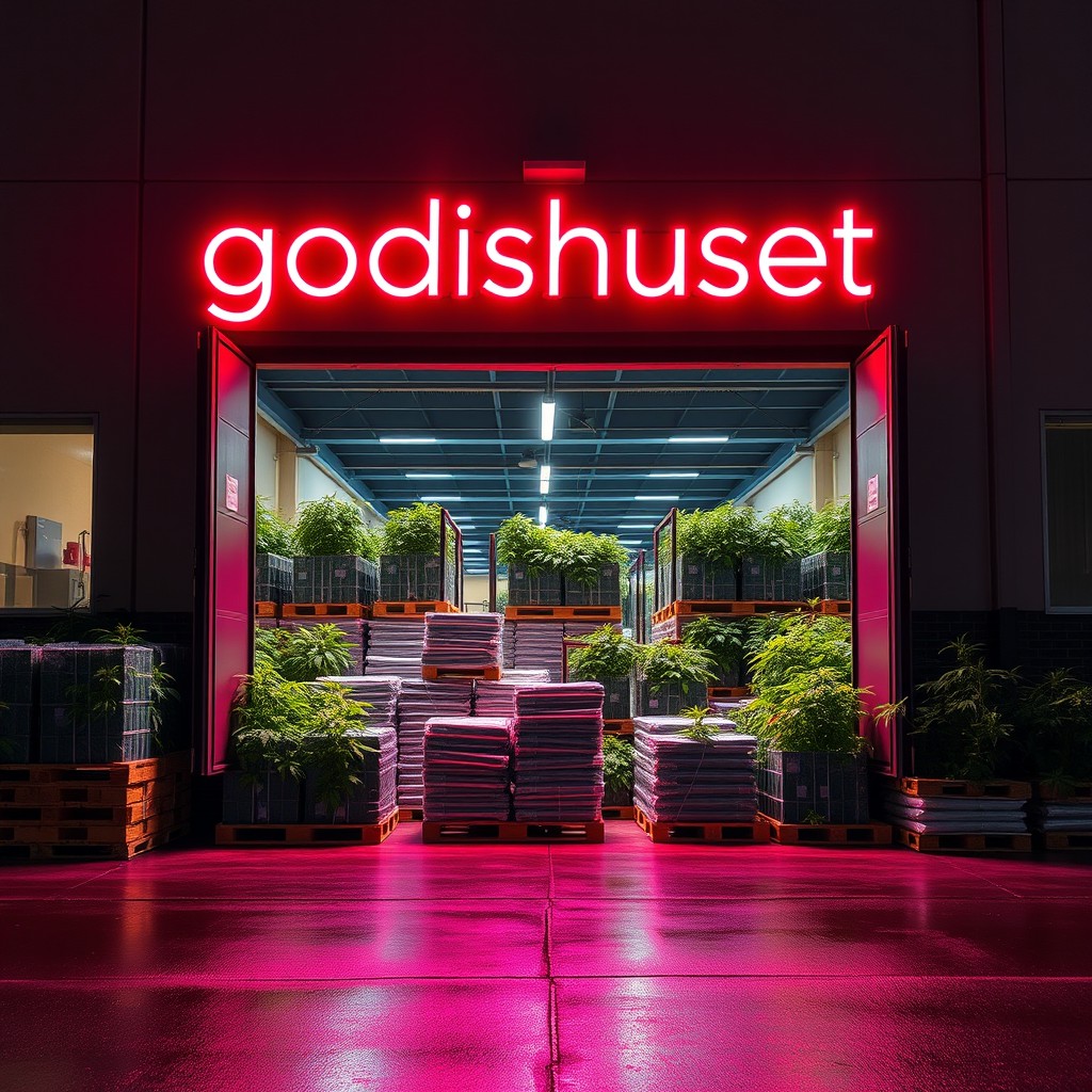 A modern industrial warehouse building with an open door revealing pallets stacked with lush marihuana plants and neatly packed hashish
