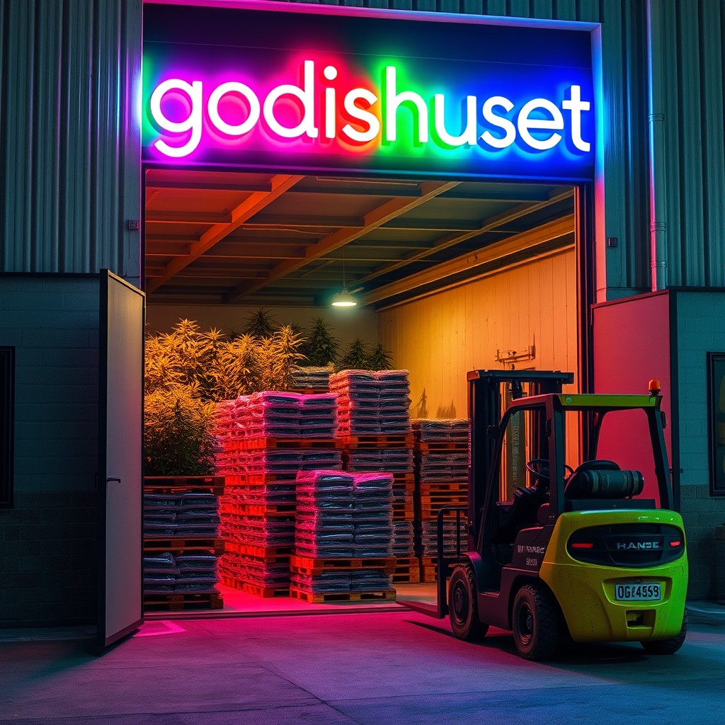 A modern industrial warehouse building with an open door showcasing pallets stacked with lush marihuana plants and neatly packed hashish