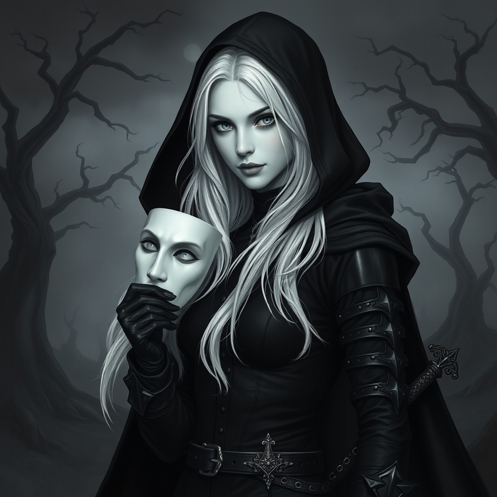 A shadar-kai assassin rogue serving the Raven Queen, depicting a pale elven woman with slightly sunken cheeks and sharp, hauntingly beautiful, ageless features