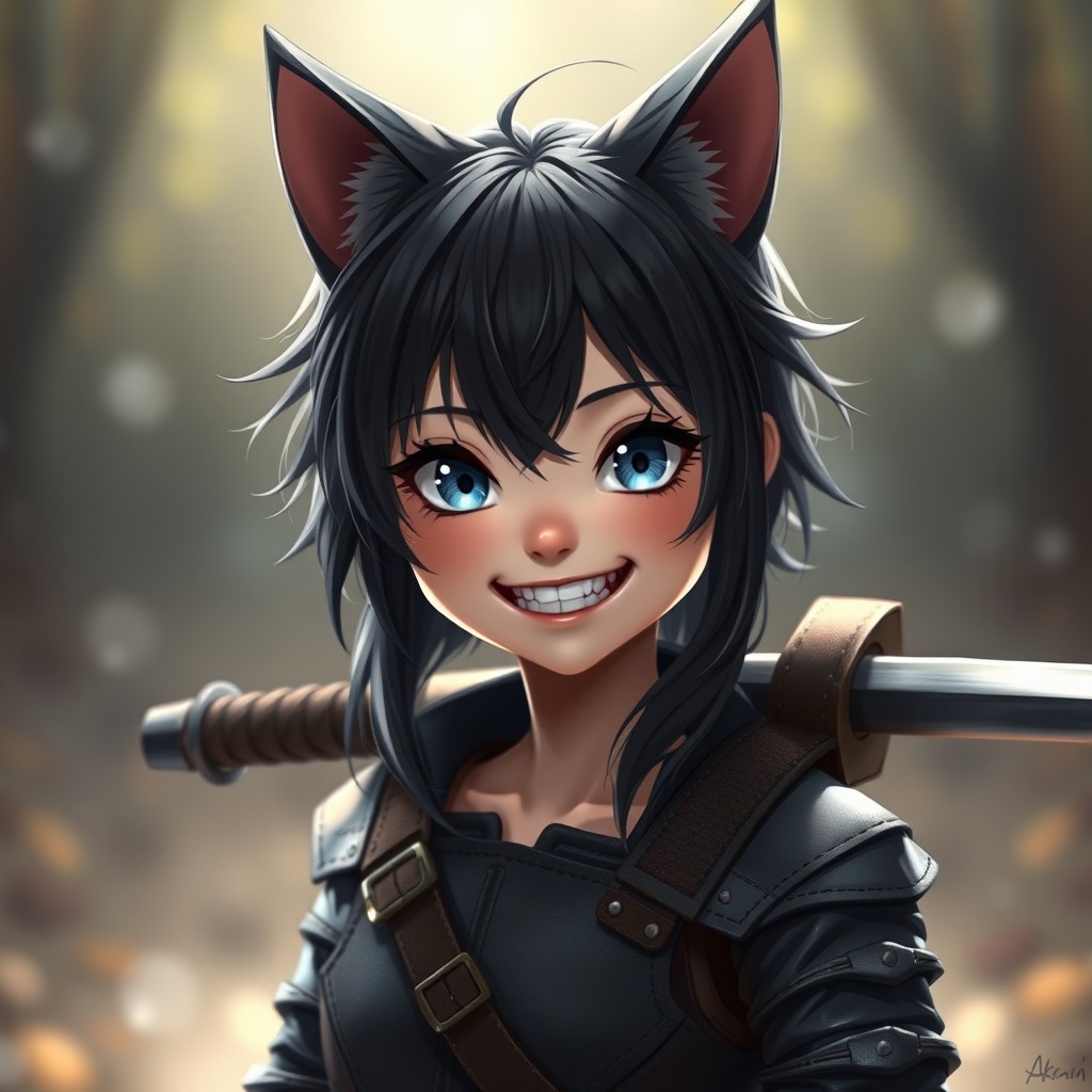 A medium shot portrait of a neko girl (cat girl) with a petite frame and an attractive face, appearing to be 20 years old