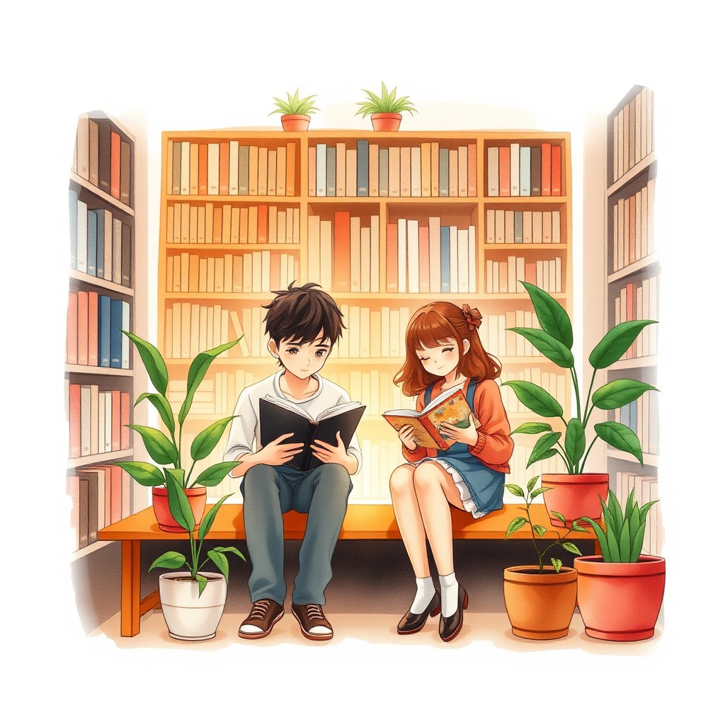 an elegant and aesthetic book cover featuring a warm-toned watercolor illustration of a teenage boy and girl sitting in a cozy library, surrounded by shelves filled with books