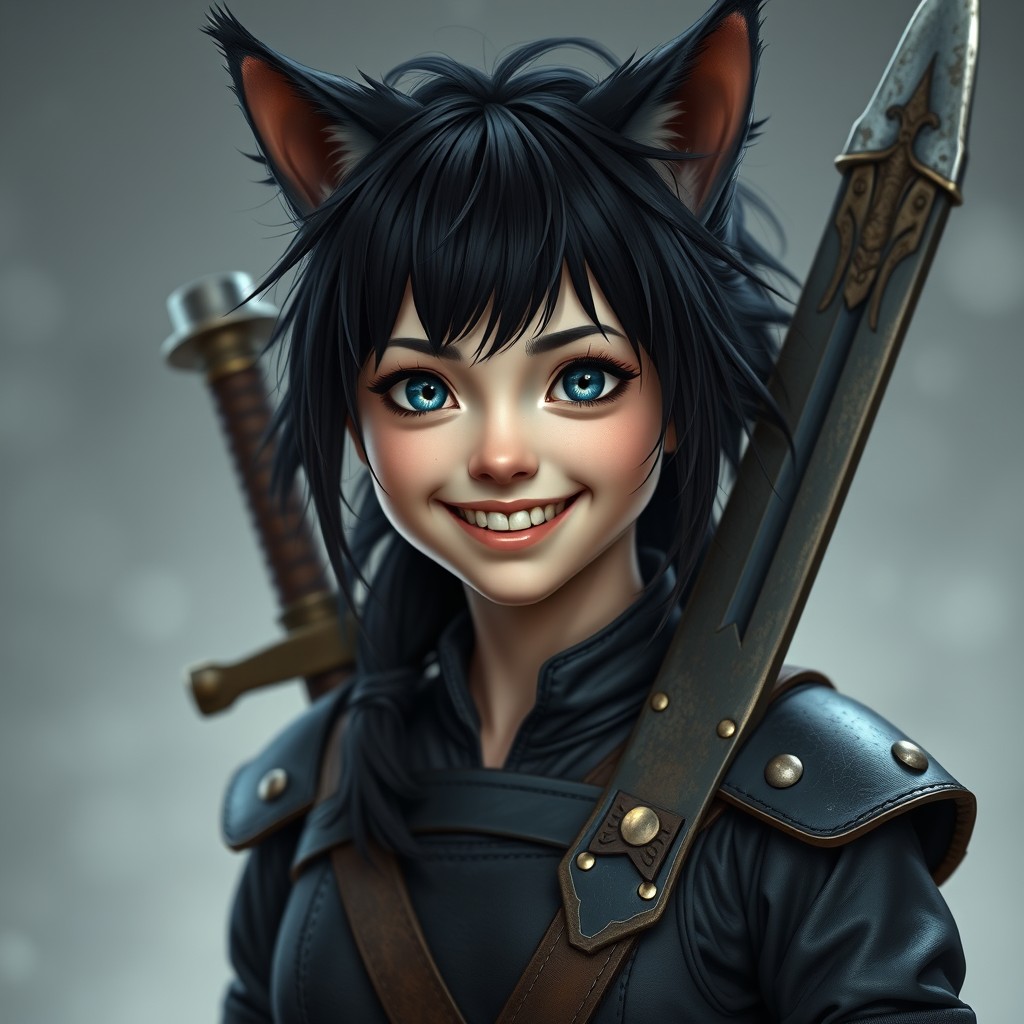 A medium shot portrait of a cat-eared young woman with a petite frame and an attractive face, appearing to be 20 years old