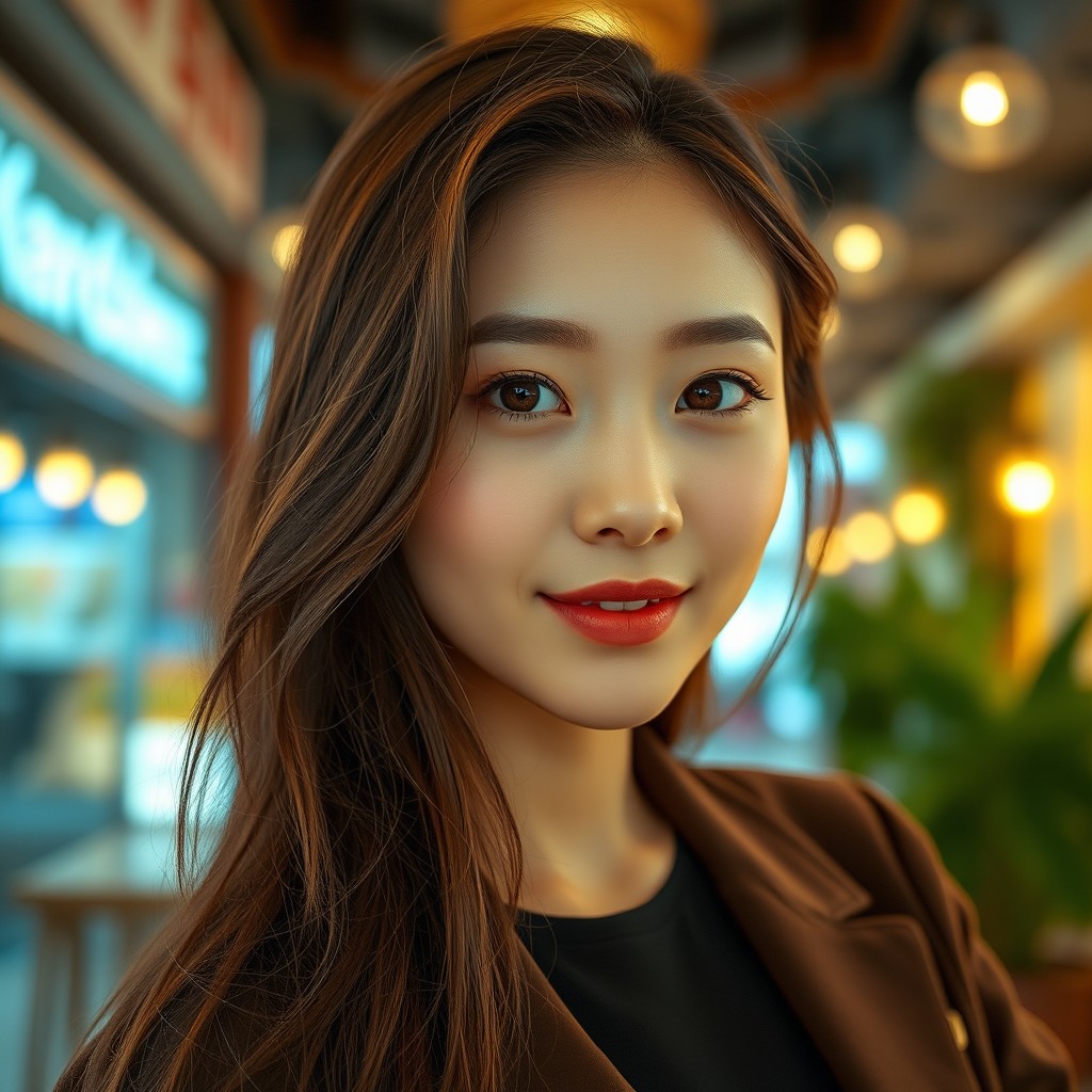 A captivating portrait of a young woman with Korean features, showcasing her confidence and beauty