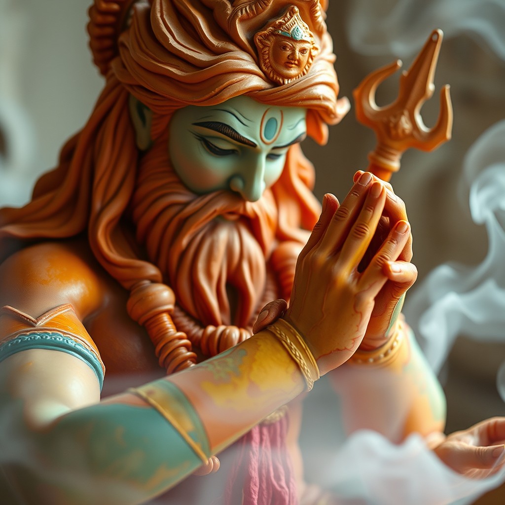 A divine figure resembling a god, intricately shaping and molding colorful clay, skillfully forming the figure of a man