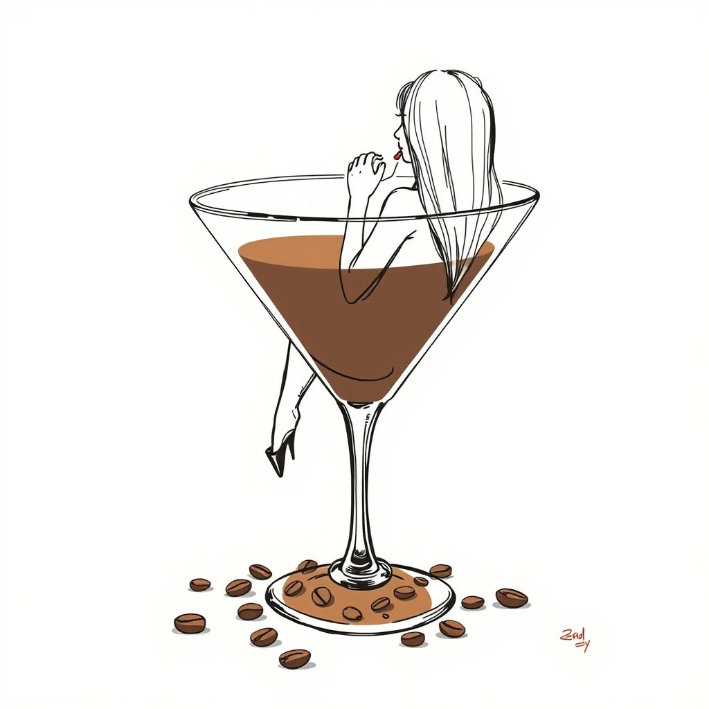 A whimsical sketch of a lady sitting inside a large martini glass, facing away from the viewer