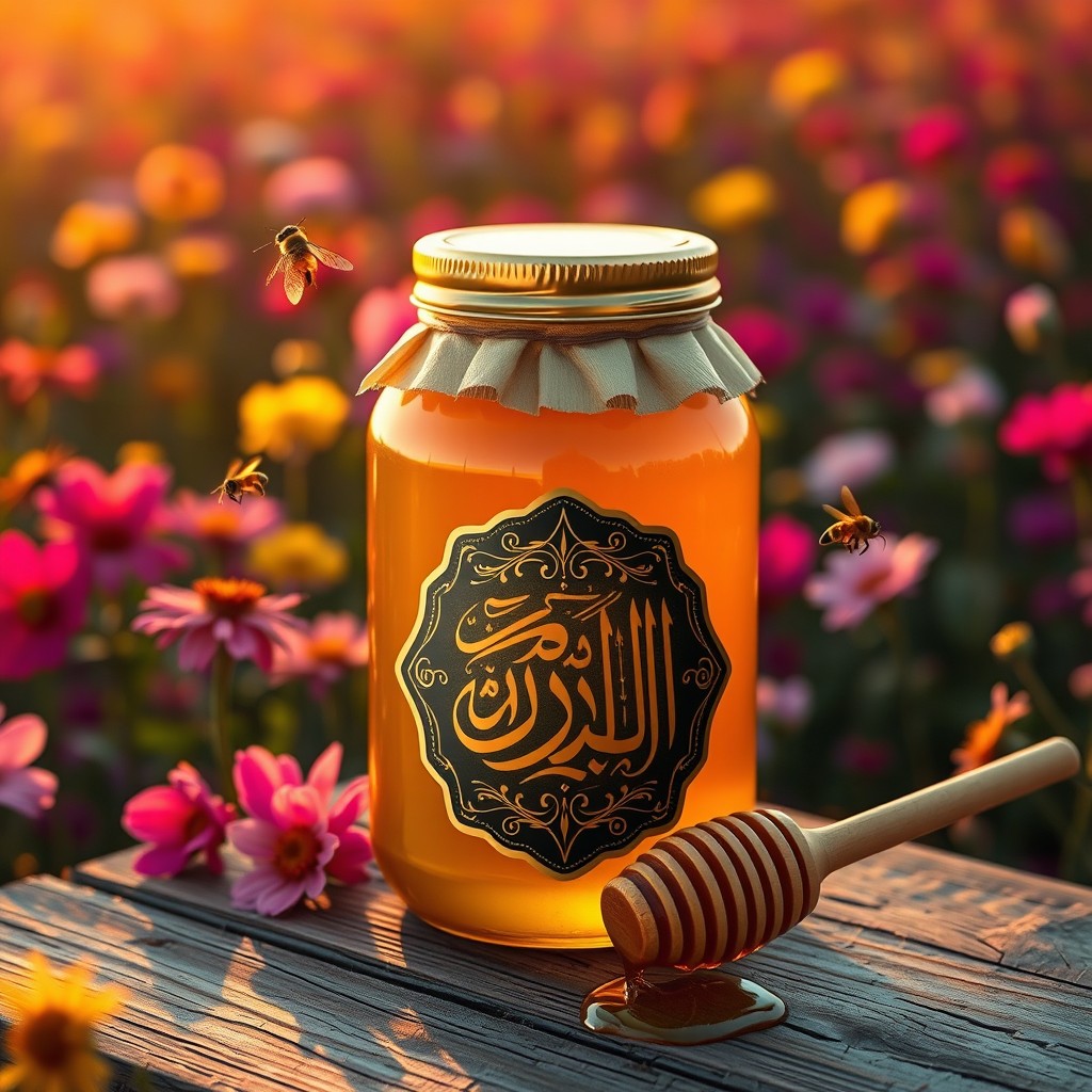 A hyper-realistic photo of a golden honey jar placed on a rustic wooden table in the midst of a vibrant blooming flower field during the enchanting golden hour