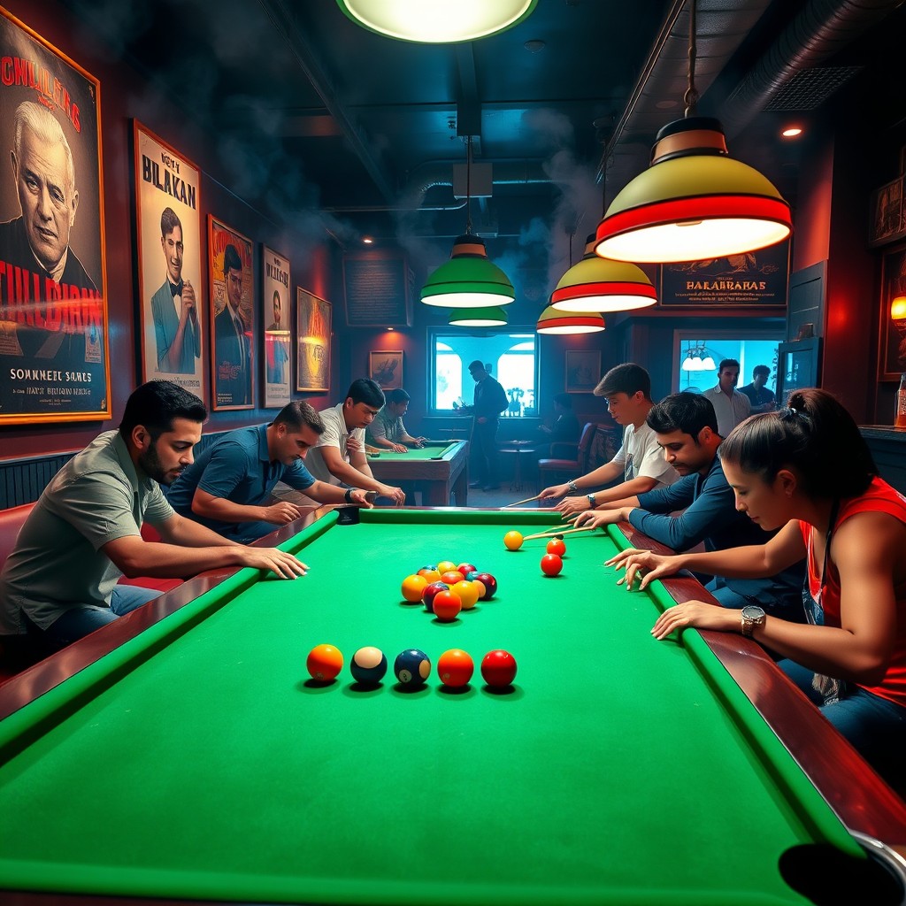 A vibrant and energetic scene in a billiards hall, featuring a sleek, polished billiard table with green felt and colorful balls arranged in a triangle