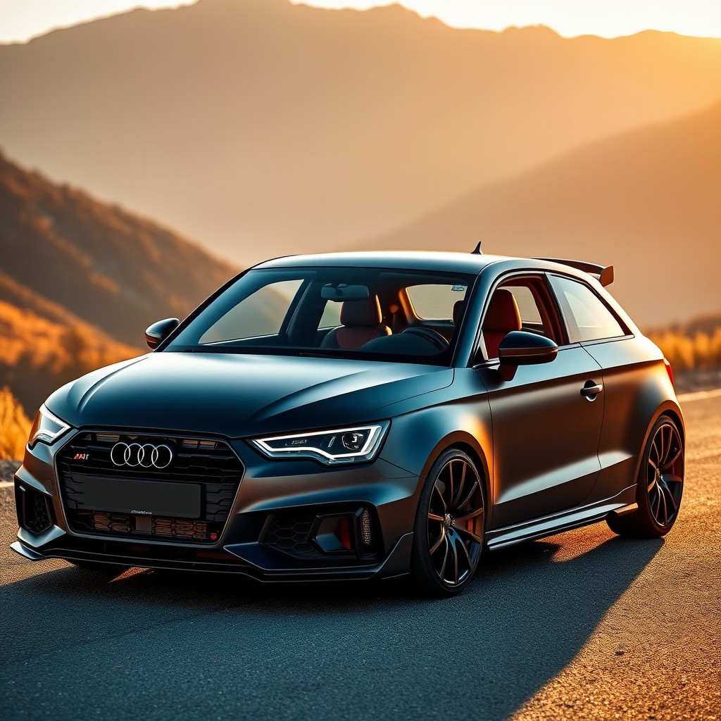 A modified Audi A1 parked on a scenic road surrounded by mountains, featuring a sleek body kit, elegant custom matte black paint job, and eye-catching alloy wheels