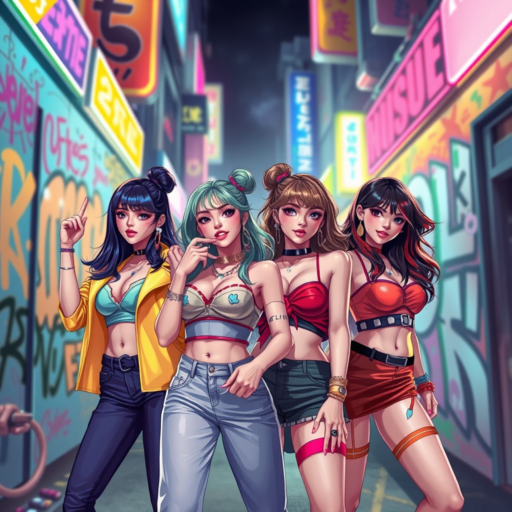 A vibrant and energetic digital artwork featuring four stylish female musicians, inspired by the aesthetic of a K-pop girl group