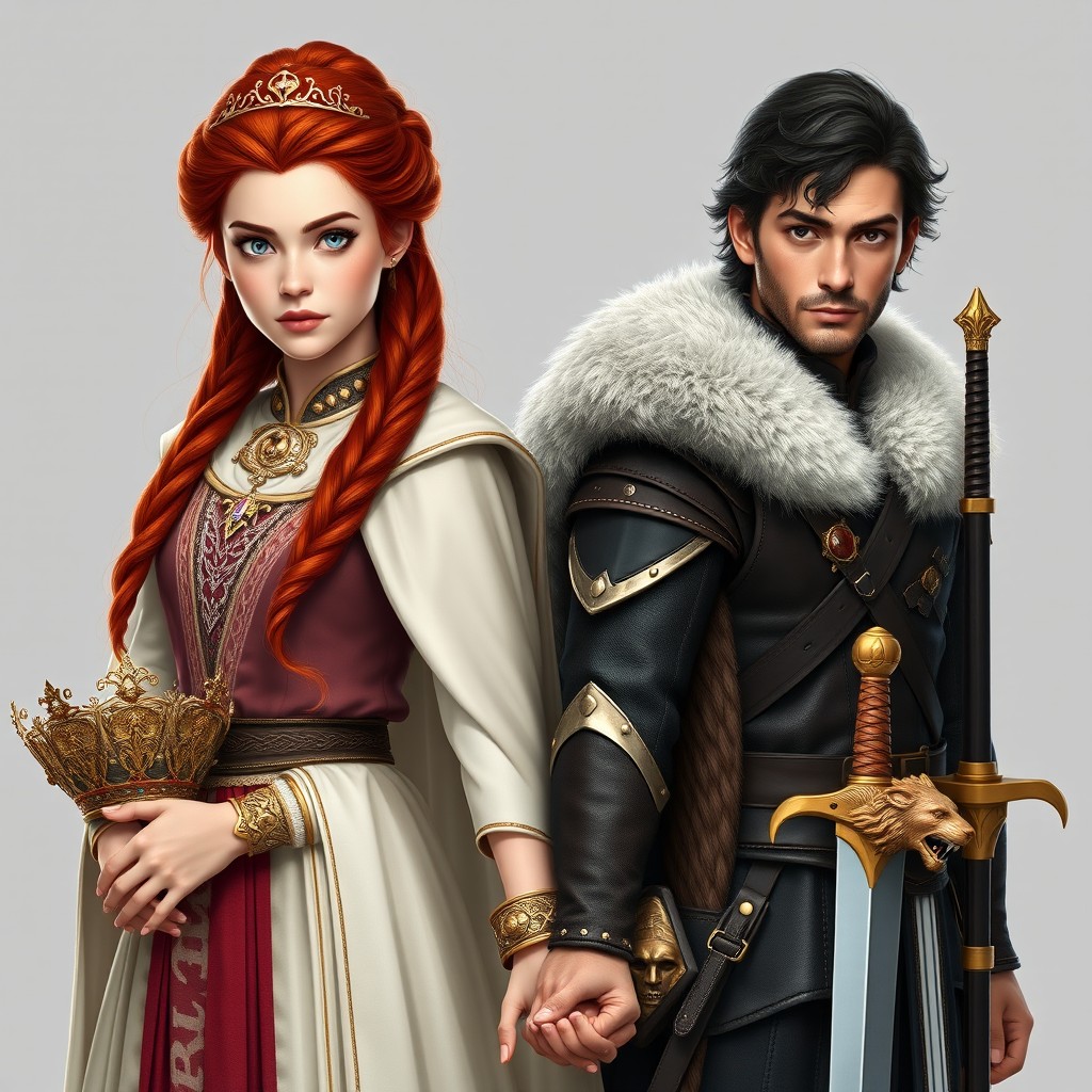 A young princess, 20 years old, beautiful with long, voluminous red hair styled in a braided updo resembling a Dragon Princess, wearing a discreet crown tiara with a dragon symbol, intense blue eyes, a serious and imposing expression and almost cold demeanor