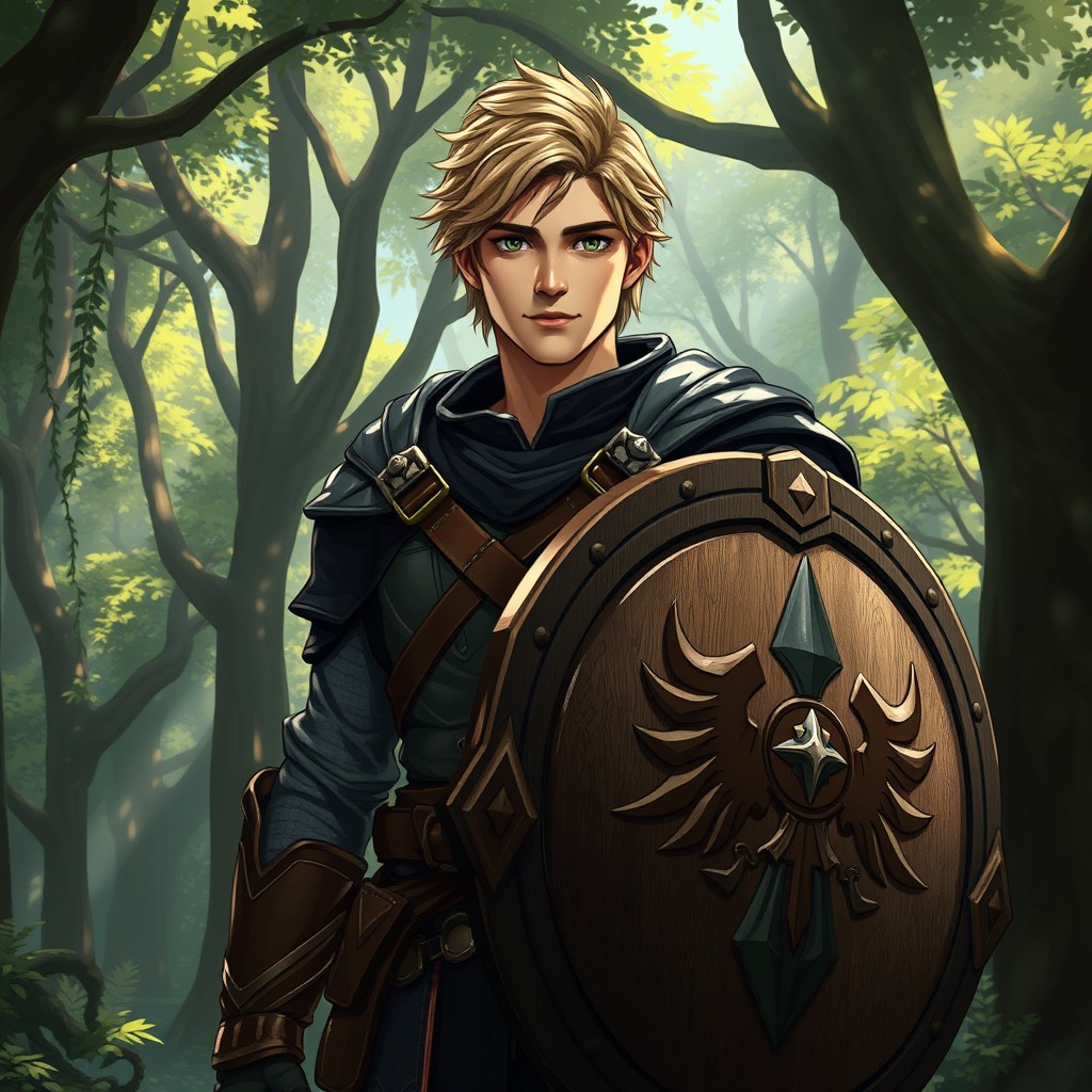 A 19-year-old male character designed for a fantasy RPG as a defender