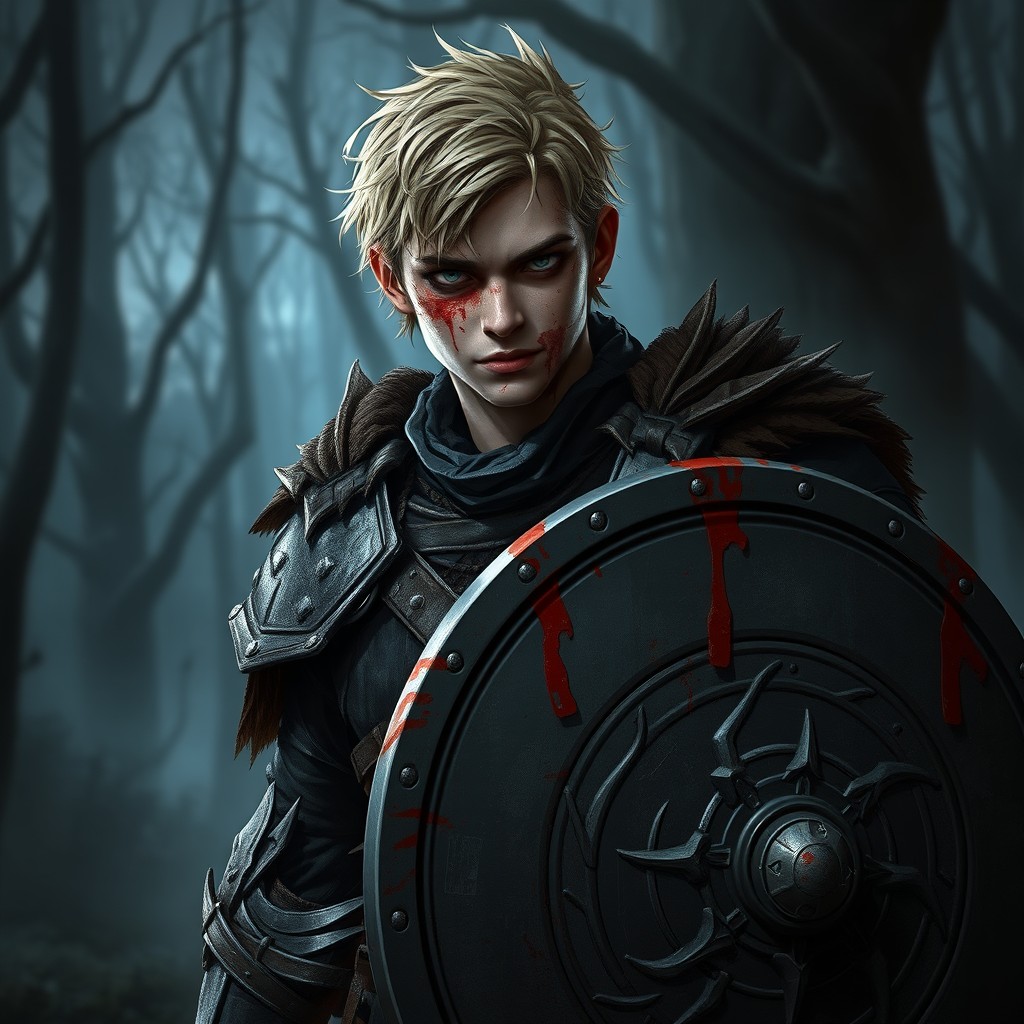 A 19-year-old male character designed for a fantasy RPG, with a psychopathic expression, making him appear eerie and menacing