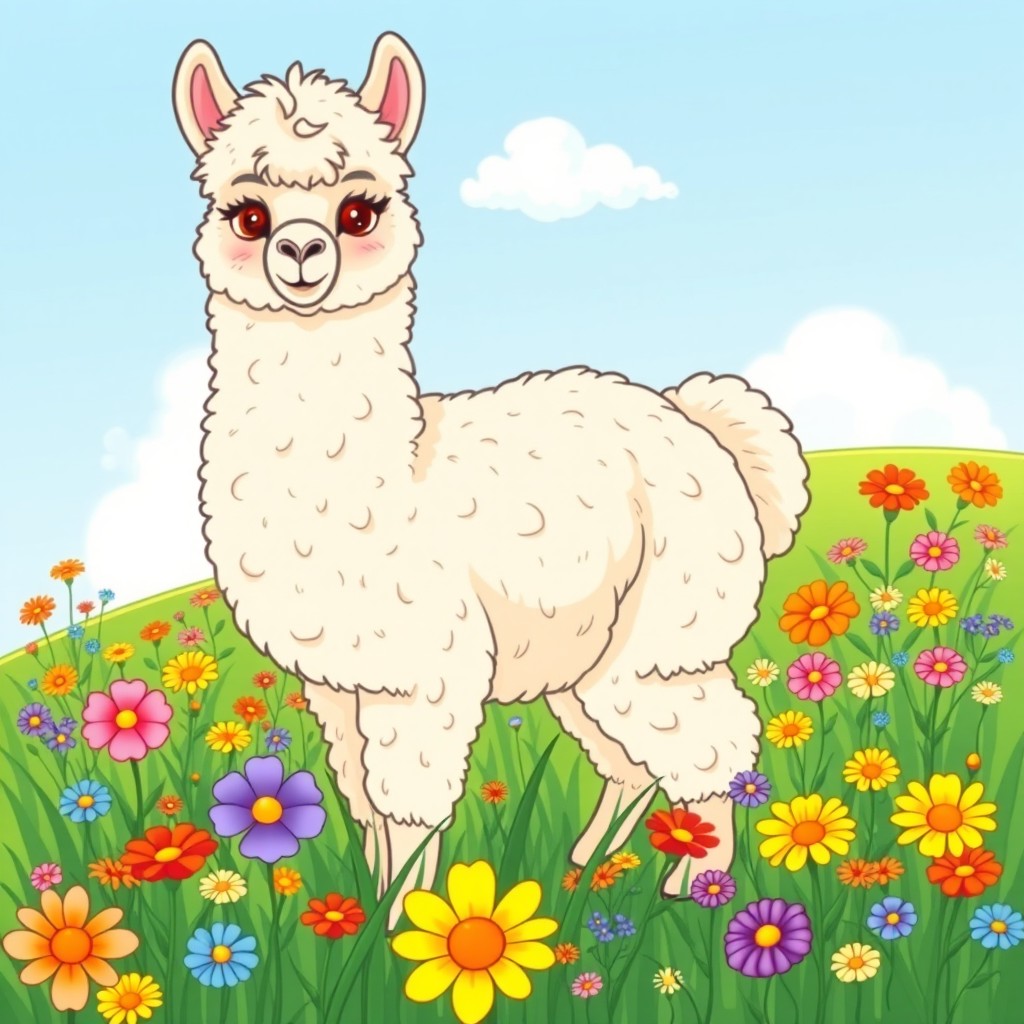 A cute and fluffy alpaca standing in a sunny meadow filled with colorful wildflowers