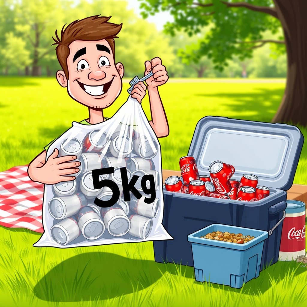 A cartoon-style man with a cheerful expression is holding a clear bag filled with empty aluminum cans, which is prominently labeled '5kg'
