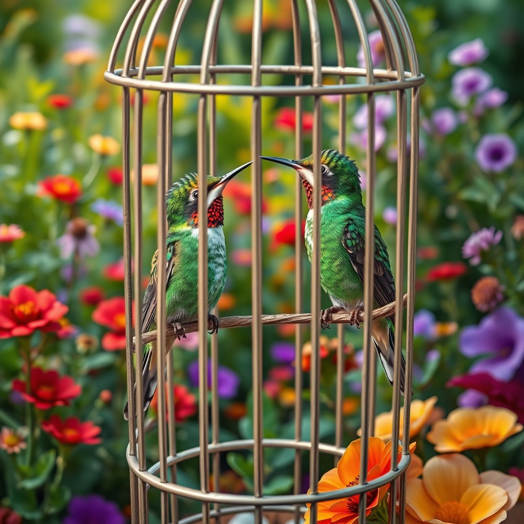 Two vibrant green hummingbirds gazing intently at each other while perched inside a delicate cage surrounded by a lush, colorful garden filled with blooming flowers and greenery