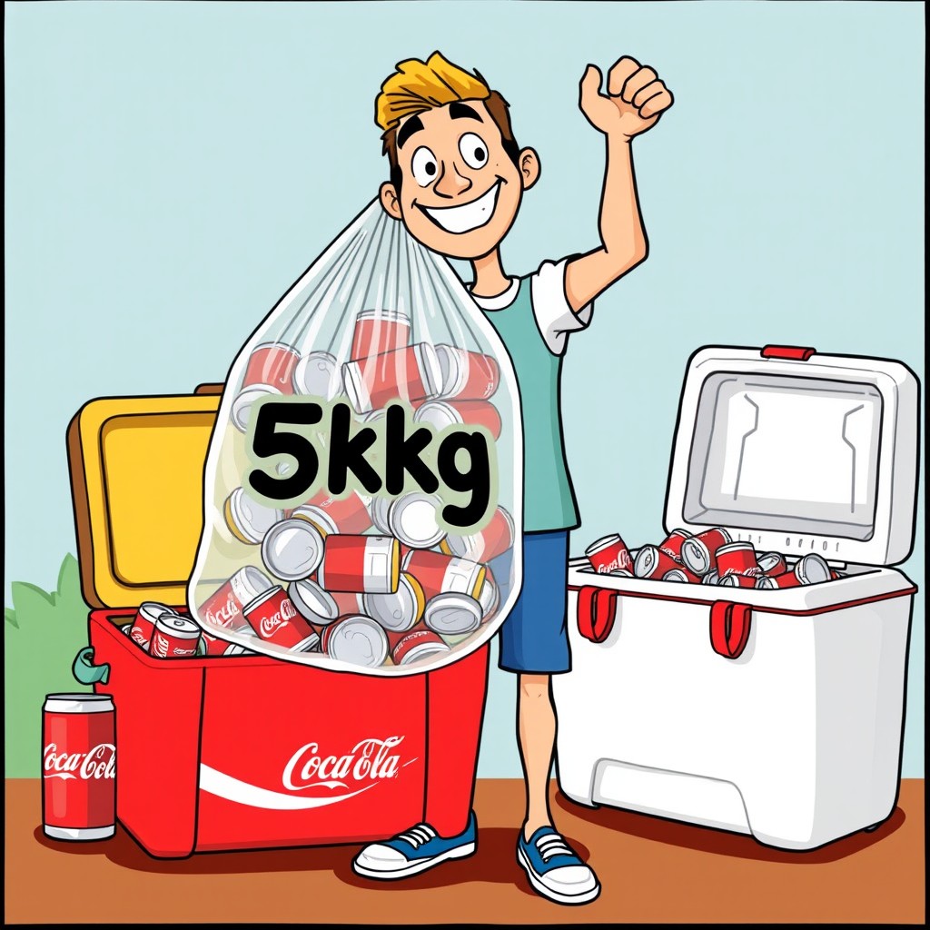 A cartoon man with a cheerful expression, holding a clear bag filled with empty aluminum cans, prominently labeled '5kg'