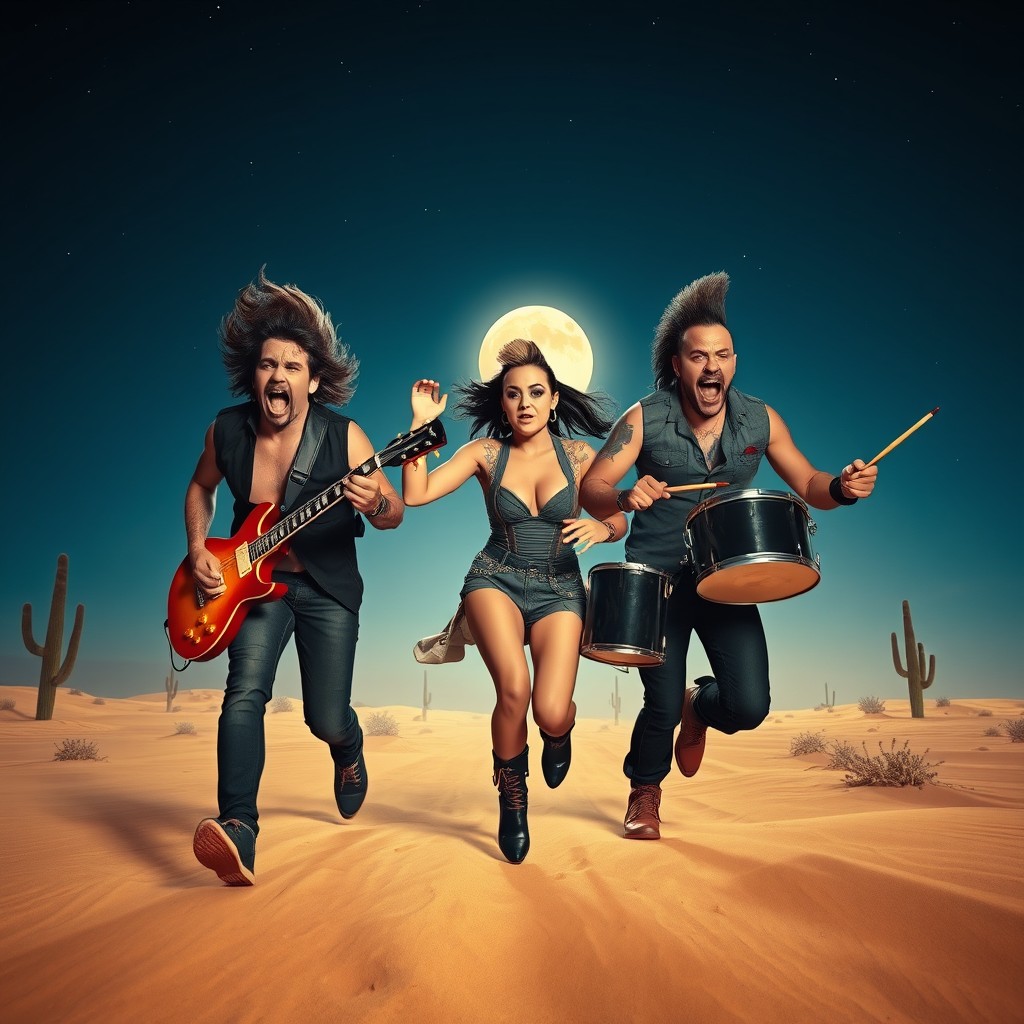 Three members of a rock band, featuring a male guitarist with wild hair and a vibrant electric guitar, a female vocalist with striking makeup and a stylish outfit, and a drummer with a mohawk and drumsticks in hand, all displaying panic on their faces while running through a vast desert at night