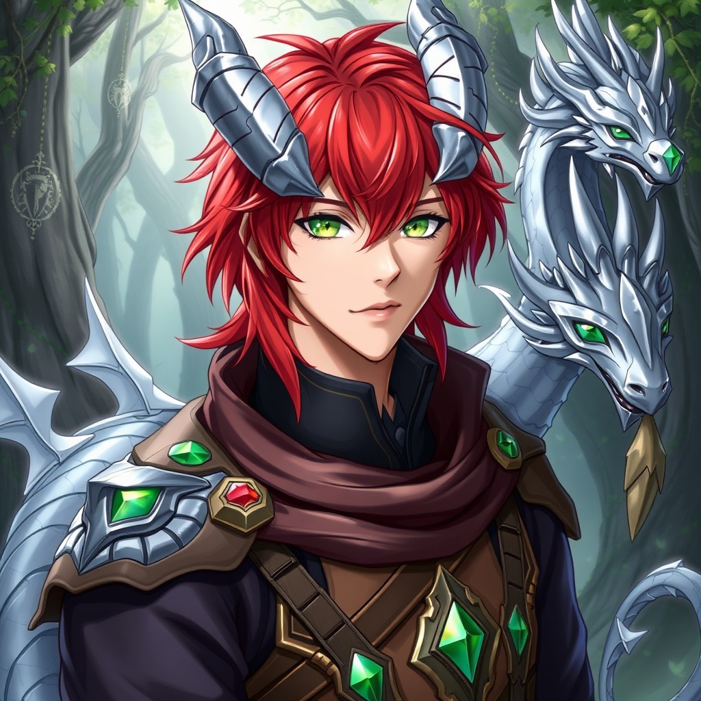 A striking male character with medium-length red hair and vibrant green eyes, wearing a detailed squire's outfit