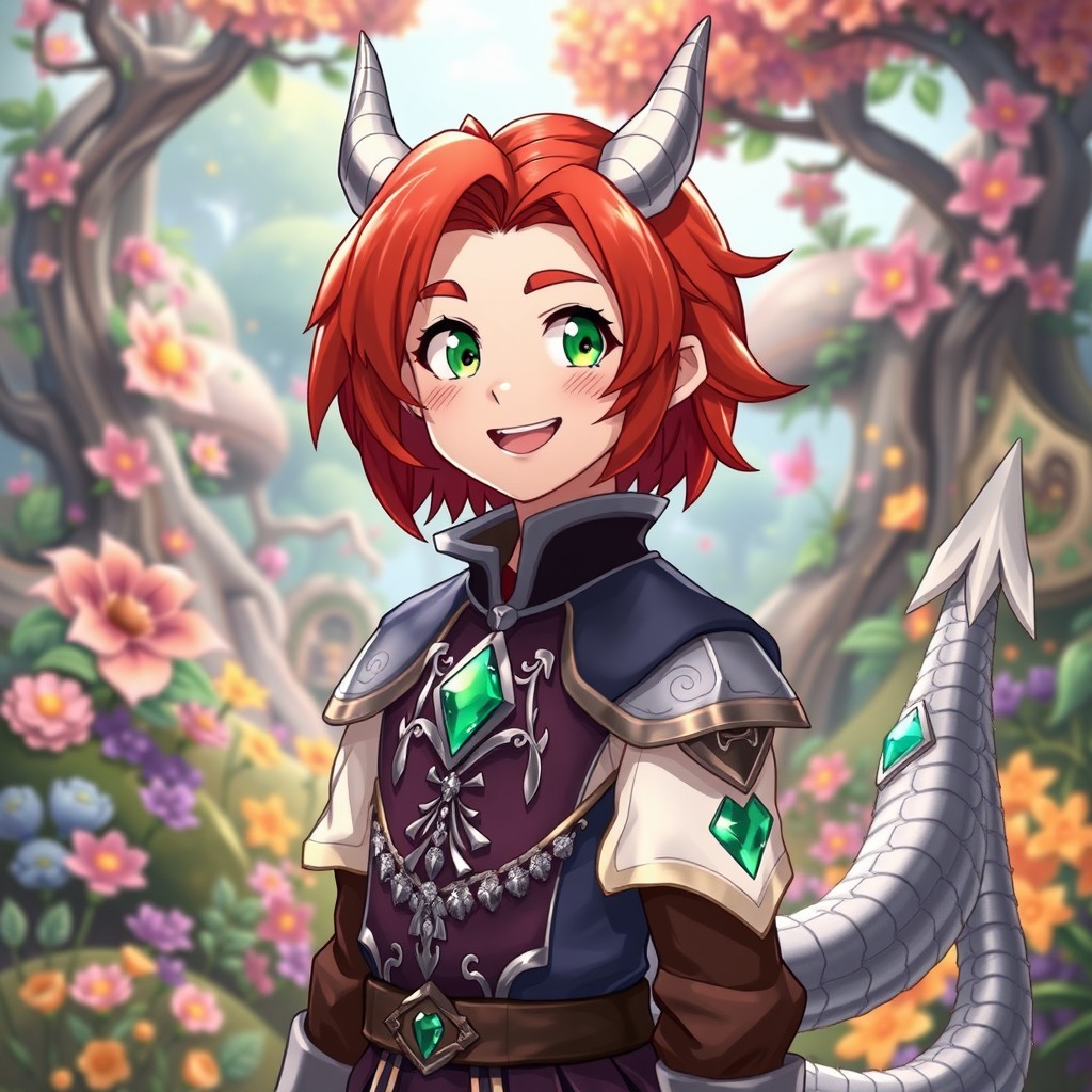 A cheerful male character with medium-length red hair and bright green eyes, dressed in an intricately designed squire's outfit