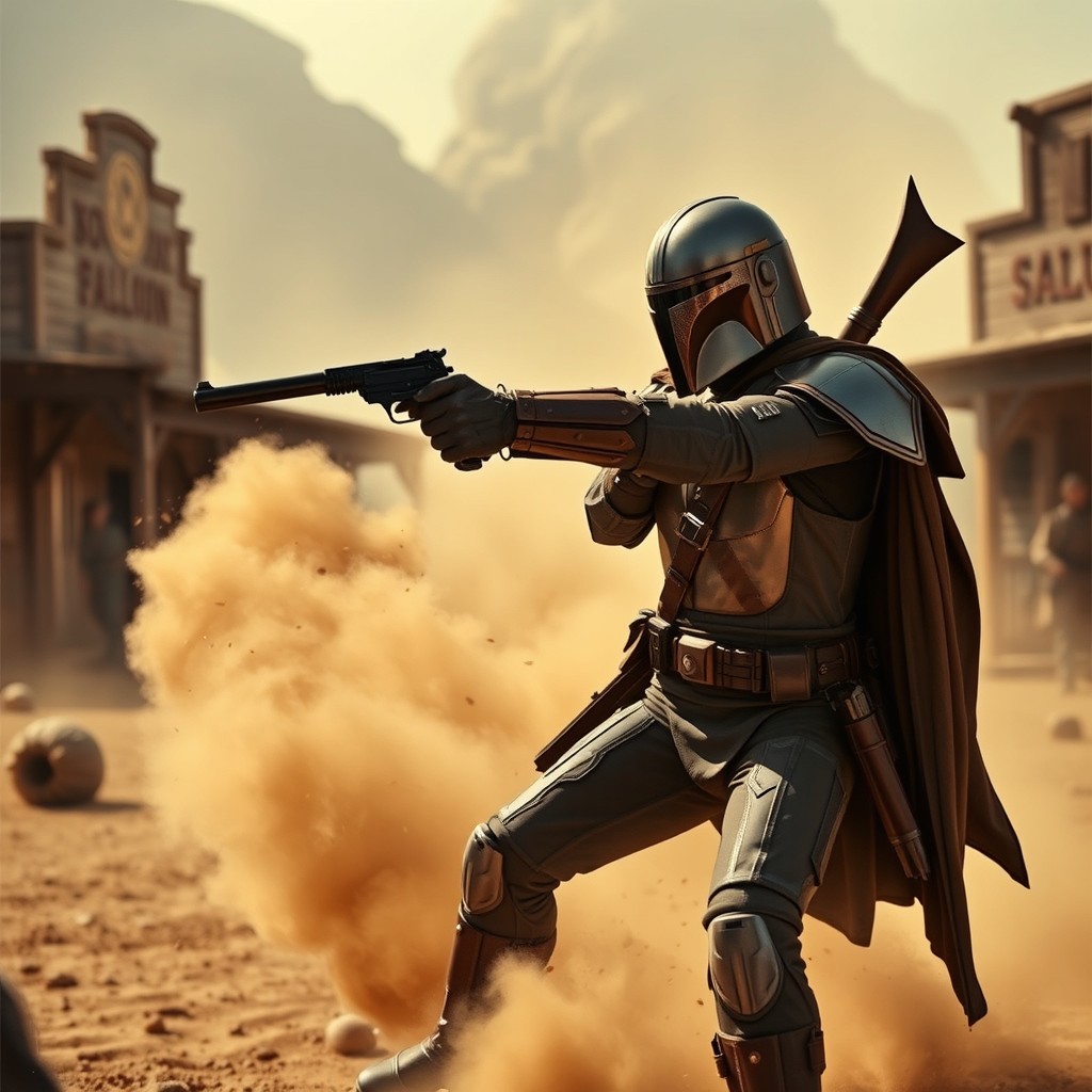 A dynamic scene depicting the Mandalorian engaging in a gun battle reminiscent of an old western movie