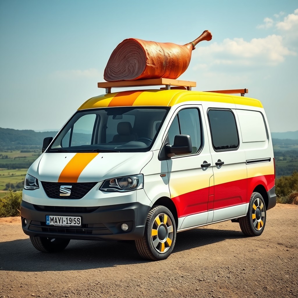 A photorealistic depiction of a Seat Inca van designed for Spain, featuring a vibrant yellow stripe simulating the Spanish flag
