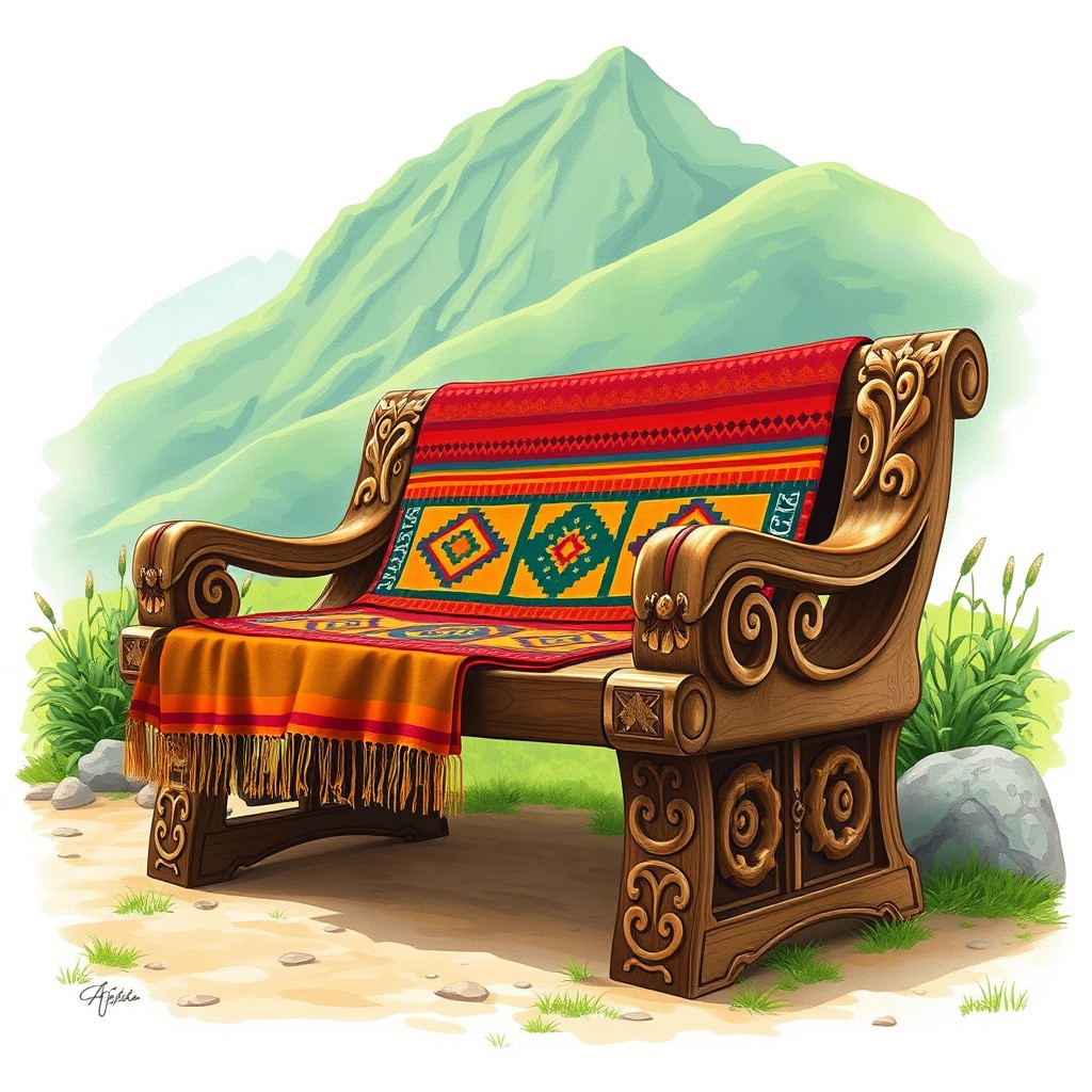 A detailed illustration of a vibrant Inca seat, featuring intricate carvings and patterns inspired by traditional Inca art