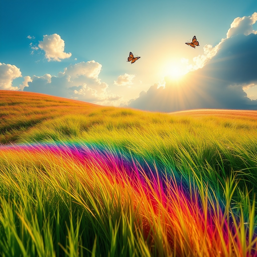 A vibrant, surreal landscape featuring lush green grass transformed with a spectrum of colors, like a rainbow extending across the ground