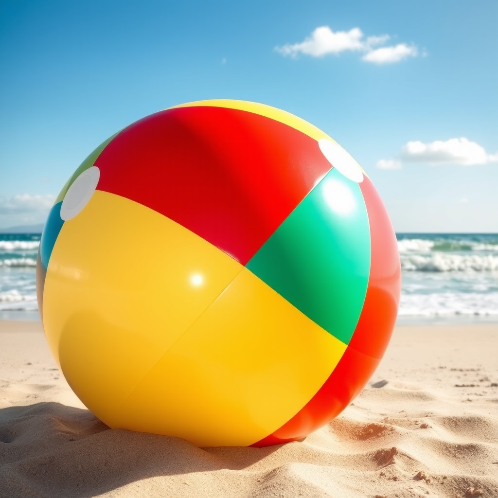 A vibrant scene featuring a large, colorful beach ball resting on a sandy shore