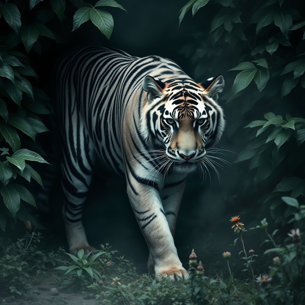 A majestic black and white tiger prowling through a dense jungle, its striking stripes blending into the shadows cast by the foliage