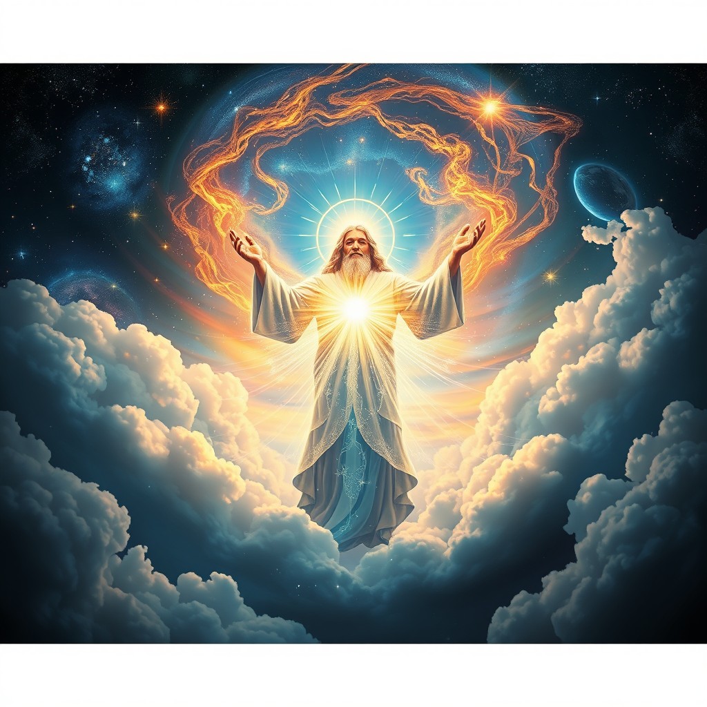 A majestic and powerful depiction of God as a universal being of light, surrounded by swirling galaxies and cosmic energy