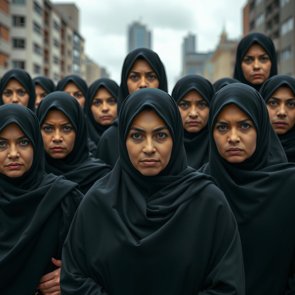 A group of serious-looking women wearing black hijabs and niqabs, standing together in a city setting