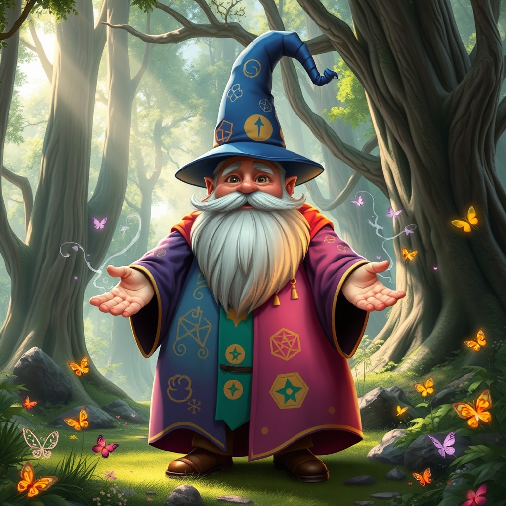 A whimsical half-giant wizard character with a chubby physique, wearing vibrant and colorful wizard robes adorned with mystical symbols