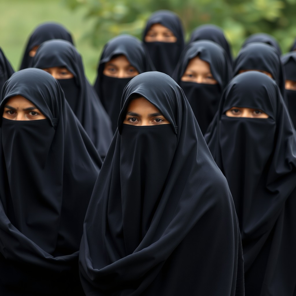 A group of serious-looking women wearing black burkas, gathered in a quiet outdoor setting