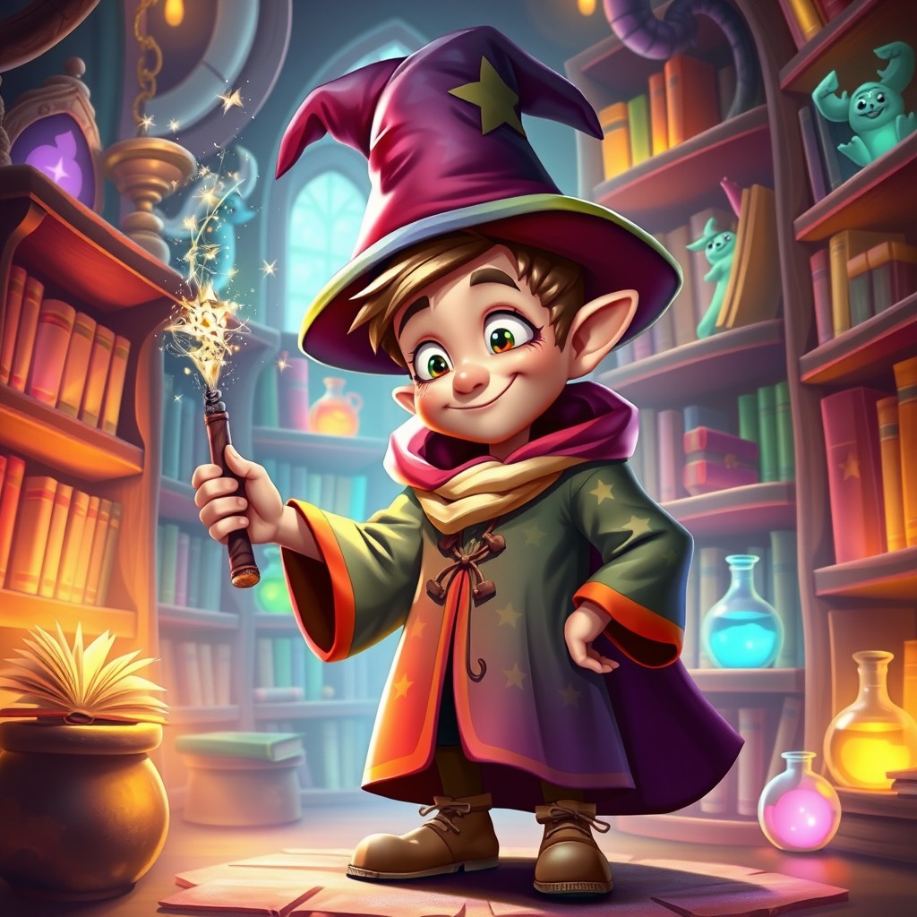 A young half-giant wizard character with a playful demeanor, depicted in a vibrant and colorful magical setting